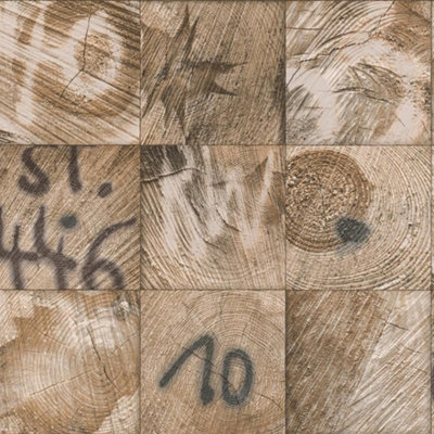 Rasch Wood Block Square Pattern Graffiti Motif Faux Effect Realistic Brown Black Wallpaper from B&Q