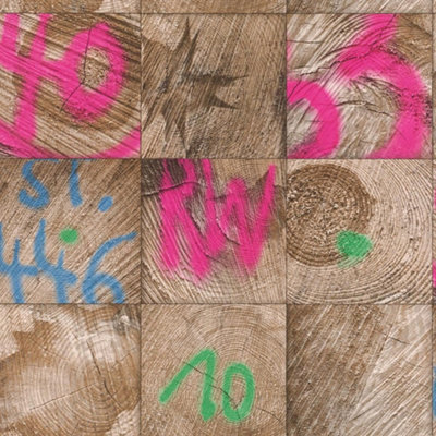 Rasch Wood Block Square Pattern Graffiti Motif Faux Effect Realistic Brown Pink Wallpaper from B&Q