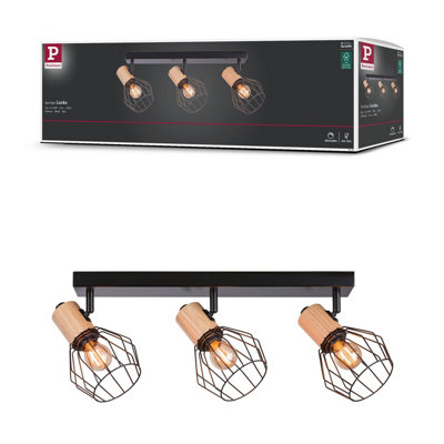 Paulmann 66768 Spotlight Lanke 3-Lamp Max. 3X20W Ceiling Luminaire Black/wood Spot Metal E14 from B&Q