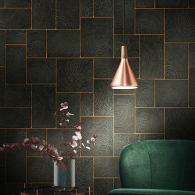 Galerie Natural Opulence Black & Gold Wood Block Wallpaper Roll from B&Q