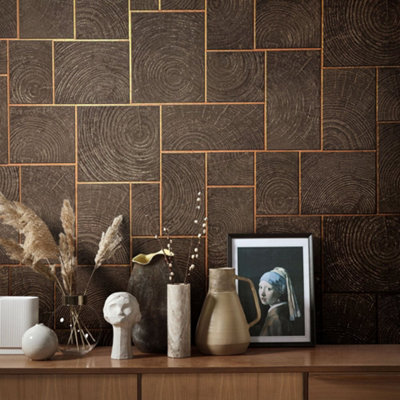 Galerie Natural Opulence Bronze Brown Wood Block Wallpaper Roll from B&Q