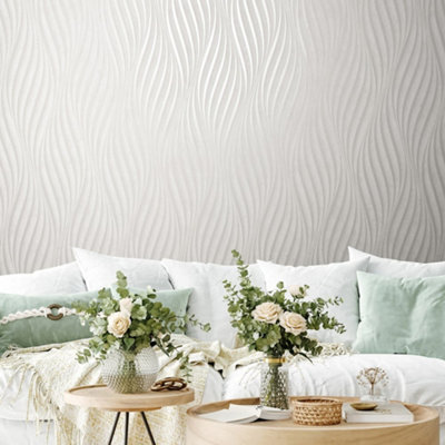 Galerie The New Design Book White Sheen Wave Ribbons Wallpaper Roll from B&Q