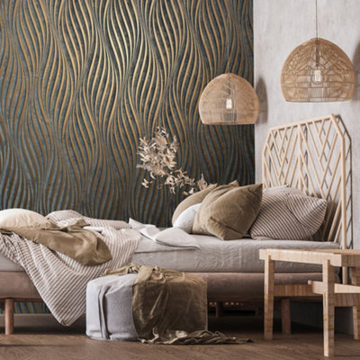 Galerie The New Design Book Black/copper Sheen Wave Ribbons Wallpaper Roll from B&Q