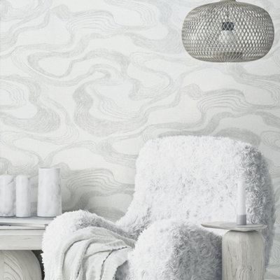 Galerie Kumano White Abstract Flow Design Wallpaper from B&Q