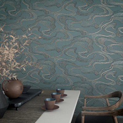 Galerie Kumano Blue Abstract Flow Design Wallpaper from B&Q