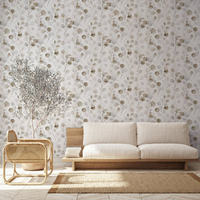 Galerie Flora Silver Eucalyptus Trailing Leaf Wallpaper from B&Q