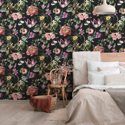 Galerie Flora Black Floral Rhapsody Wallpaper from B&Q