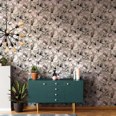 Galerie Flora Silver Cherry Blossom Wallpaper from B&Q