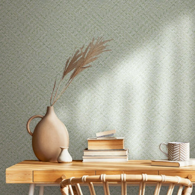 Galerie Flora Green Herringbone Weave Wallpaper from B&Q