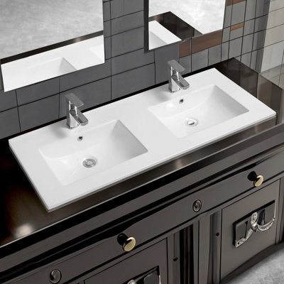 4001A Ceramic 120cm x 45cm Thin-Edge Double Inset Basin with Scoop Bowl