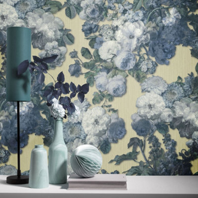 Galerie Elle Decoration Teal Light Gold Floral Baroque Embossed Wallpaper from B&Q
