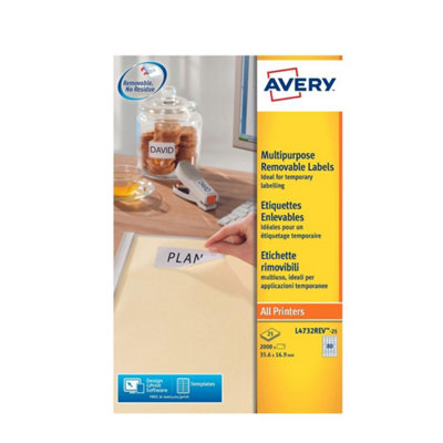 Avery RemovablePrintableMulti Purpose LabelsMulti Surface35.6 X 16.9 mmWhite80 Labels Per Sheet2000 Blank Labels from B&Q