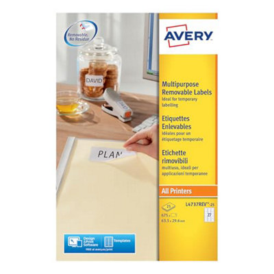 Avery RemovablePrintableMulti Purpose LabelsMulti Surface63.5 X 29.6 mmWhite27 Labels Per Sheet675 Blank Labels Per from B&Q