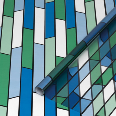 B&Q -  Stained Glass Mid Sheen Blue & Green Window Privacy Film (L)1.5M (W)450mm