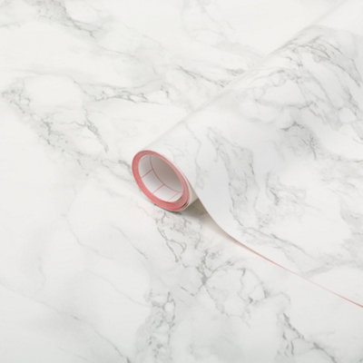 B&Q -  Mid Sheen White & Grey Marble Effect Self-Adhesive Film (L)2.1M (W)900mm