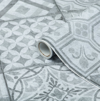 B&Q -  Grey Mosaic Tile Moroccan Sticky Back Plastic Self Adhesive Vinyl 1.5M X 67.5Cm