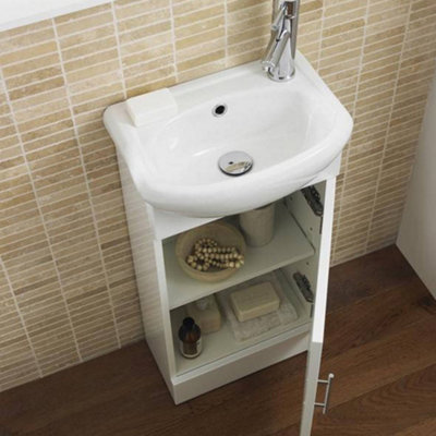 400mm Bathroom Cloakroom Vanity Unit Storage Cabinet with Ceramic Basin Sink - Gloss White