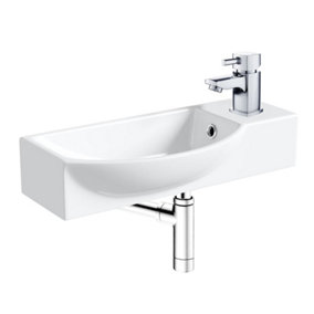 400mm Curved Wall Hung 1 Tap Hole Basin Chrome Hero Tap & Minimalist Bottle Trap Waste