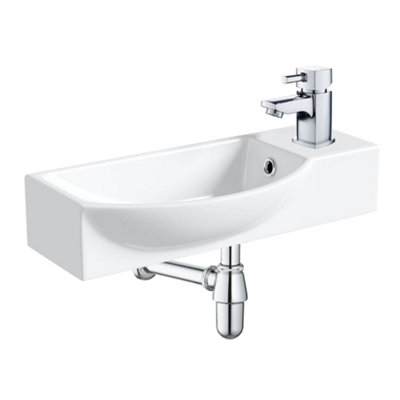 400mm Curved Wall Hung 1 Tap Hole Basin Chrome Hero Tap & Round Bottle Trap Waste