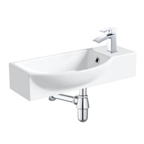400mm Curved Wall Hung 1 Tap Hole Basin Chrome Lucia Waterfall Tap & Bottle Trap Waste