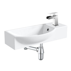 400mm Curved Wall Hung 1 Tap Hole Basin Chrome Waterfall Tap & Bottle Trap Waste