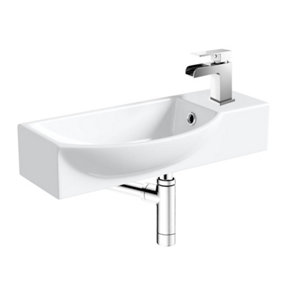 400mm Curved Wall Hung 1 Tap Hole Basin Chrome Waterfall Tap & Minimalist Bottle Trap Waste