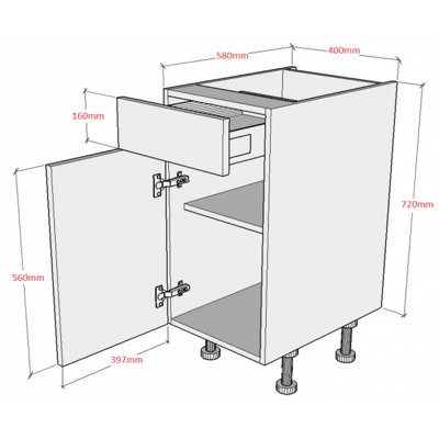 400mm Drawer Line Base Kitchen Cabinet - 720mm High - Soft-Close Drawer ...