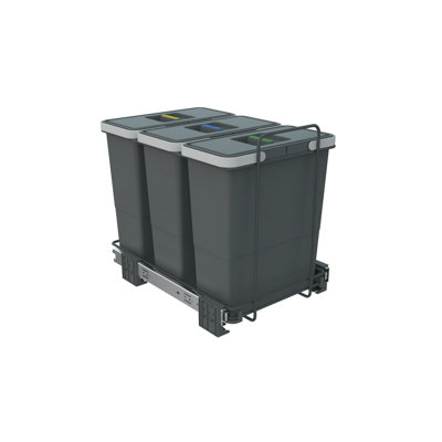 400mm Grey Cabinet Bin Base Mounted 3 x 12L Integrated Pull Out Waste Recycling