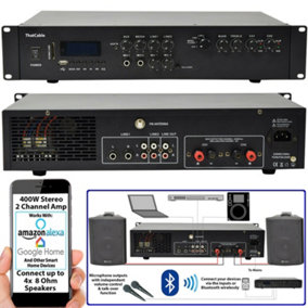 400W Stereo Bluetooth Amplifier 2 Channel Mixer HiFi Amp Wireless Loudspeaker