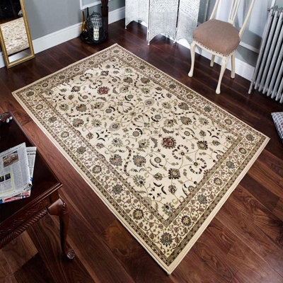  - Persian Easy To Clean Bordered Floral Cream Traditional Rug For Dining Room-80Cm X 140Cm