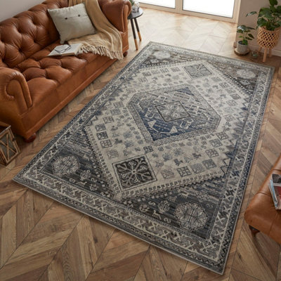 Persian Bordered Easy To Clean Blue Geometric Traditional Rug For Dining Room-200Cm X 285Cm from B&Q