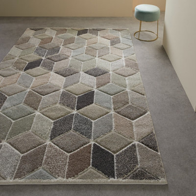 B&Q Grey Modern Geometric Easy To Clean Rug For Dining Room-80Cm X 150Cm