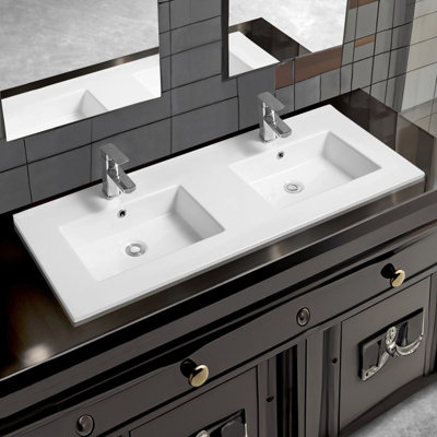 4012 Ceramic 120cm x 45cm Thin-Edge Double Inset Basin with Rect Bowl