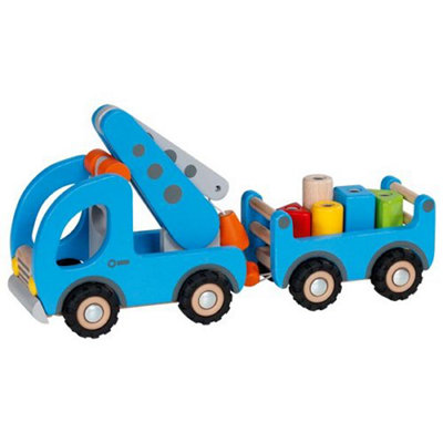 Goki Wooden Mobile Crane & Trailer Childrens Toy Construction Colour Block Set from B&Q