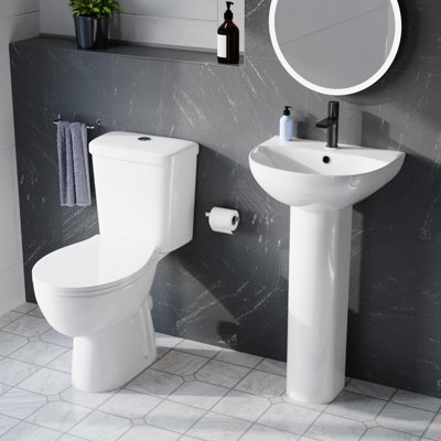 Nes Home White 450mm Round Slim Edge Pedestal Basin With Closed Coupled Toilet from B&Q