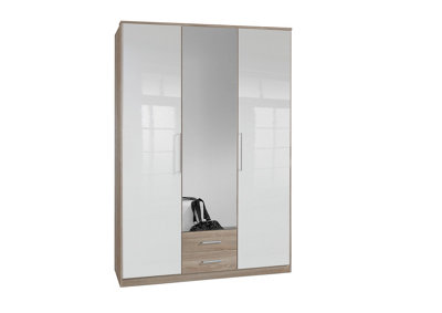 Omega Oak And White Gloss 3 Door 2 Drawer Wardrobe from B&Q