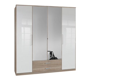 Omega Oak And White Gloss 4 Door 2 Drawer Wardrobe from B&Q