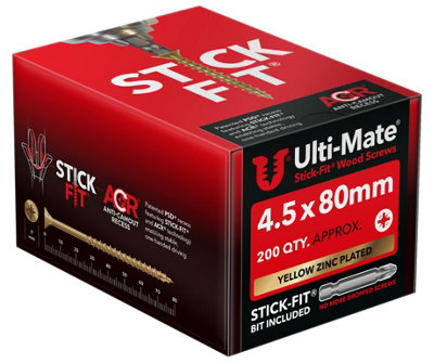 Ulti-Mate Stick-Fit Woodscrews (Yellow Zinc)4.5 X 80mm (Box 200 Pcs) from B&Q