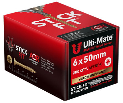 Ulti-Mate Stick-Fit Woodscrews (Yellow Zinc)6.0 X 50mm (Box 200 Pcs) from B&Q