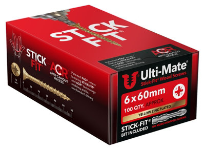 Ulti-Mate Stick-Fit Woodscrews (Yellow Zinc)6.0 X 60mm (Box 100 Pcs) from B&Q