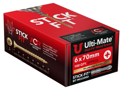 Ulti-Mate Stick-Fit Woodscrews (Yellow Zinc)6.0 X 70mm (Box 100 Pcs) from B&Q