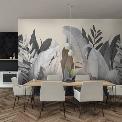 B&Q -  Tropical Collection Almond Beige Large Tropical Leaf Design 4-Panel Wall Mural