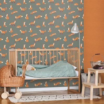 Galerie Great Kids Dark Green Smooth Glitter Friendly Foxes Wallpaper Roll from B&Q