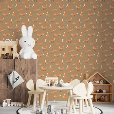Galerie Great Kids Bronze Smooth Glitter Friendly Foxes Wallpaper Roll from B&Q