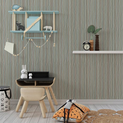 Galerie Great Kids Dark Green Smooth Glitter Stripes Wallpaper Roll from B&Q