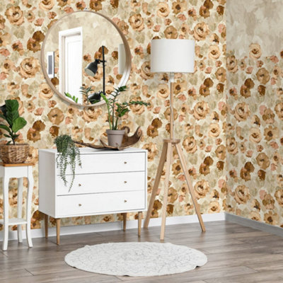 Galerie Julie Feels Home Beige Large Paeonia Shimmery Flowers Wallpaper Roll from B&Q