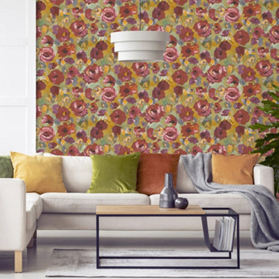 Galerie Julie Feels Home Red Large Paeonia Shimmery Flowers Wallpaper Roll from B&Q