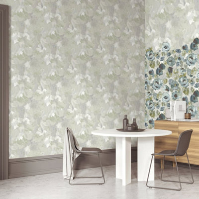 Galerie Julie Feels Home Green Abstract Shimmery Plain Paeonia Wallpaper Roll from B&Q