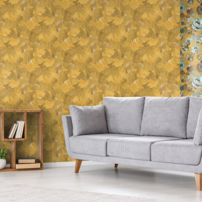 Galerie Julie Feels Home Gold Abstract Shimmery Plain Paeonia Wallpaper Roll from B&Q