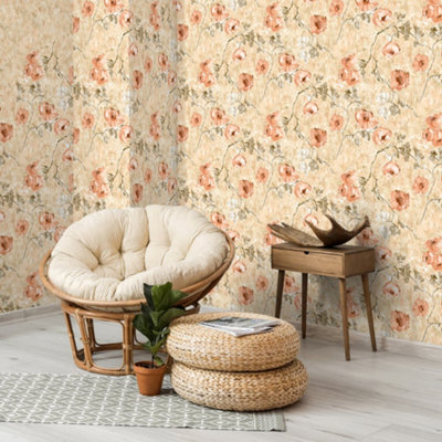 Galerie Julie Feels Home Orange Large Petunia Shimmery Flowers Wallpaper Roll from B&Q